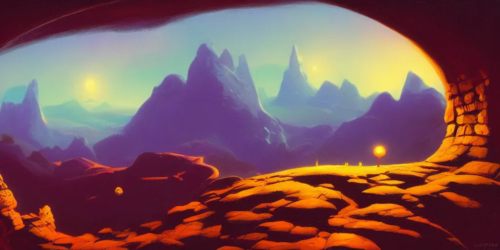 Image similar to a curved perspective cartoon paul lehr narrow night landscape with far away mountains