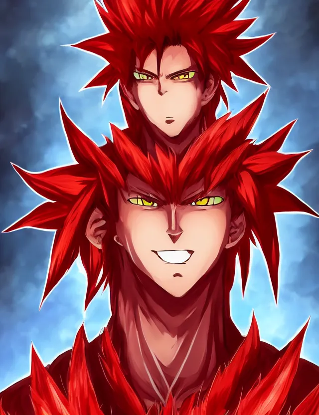 Image similar to a detailed manga portrait of an attractive tall boy with spiked crimson hair and a menacing smile in fiery crimson crystalline armour, trending on artstation, digital art, 4 k resolution, detailed, high quality, sharp focus, hq artwork, coherent, insane detail, character portrait