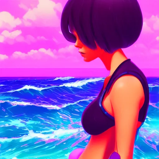 Image similar to neon bikini woman in the ocean | hyperrealistic digital painting by makoto shinkai, ilya kuvshinov, lois van baarle, rossdraws | afrofuturism in the style of hearthstone and overwatch, trending on artstation