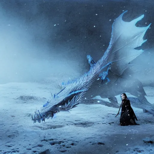 Image similar to dead blue dragon, in the snow, ethereal, matte painting, still from the movie, high fantasy,