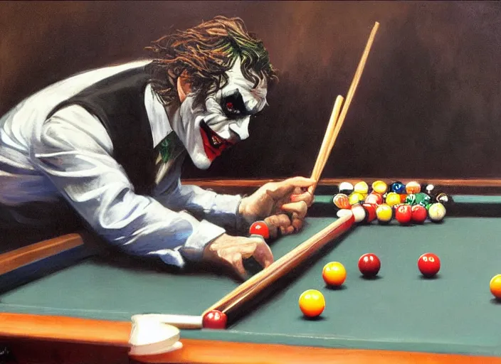 Image similar to a highly detailed beautiful portrait of the joker playing pool, by gregory manchess, james gurney, james jean