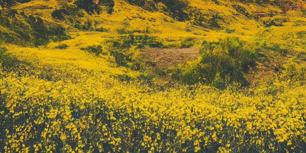 Image similar to colorful polaroid photograph of a valley full of yellow flowers, super detailed, panoramic photo