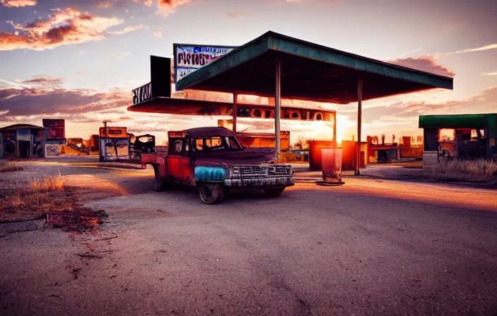 Image similar to a sunset light landscape with historical route 6 6, lots of sparkling details and sun ray ’ s, blinding backlight, smoke, volumetric lighting, colorful, octane, 3 5 mm, abandoned gas station, old rusty pickup - truck, beautiful epic colored reflections, very colorful heavenly, softlight