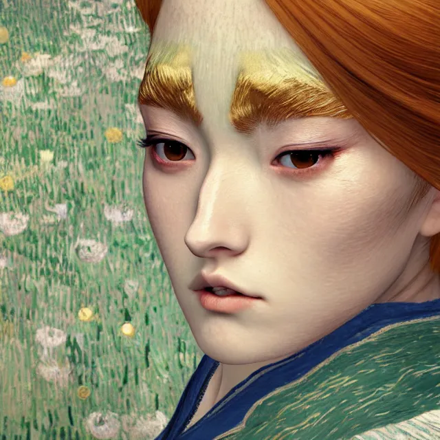 Image similar to perfectly centered close up portrait, anime goddess, candid photography, by vincent van gogh, highly detailed, character concept, unreal engine 5