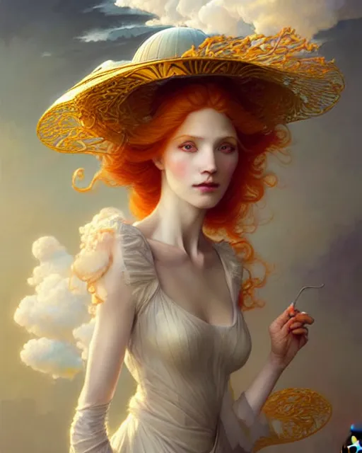 Image similar to Beautiful and playful ethereal ginger portrait, art nouveau, fantasy, with a hat made of clouds , elegant, highly detailed, sharp focus, art by Artgerm and Greg Rutkowski and WLOP