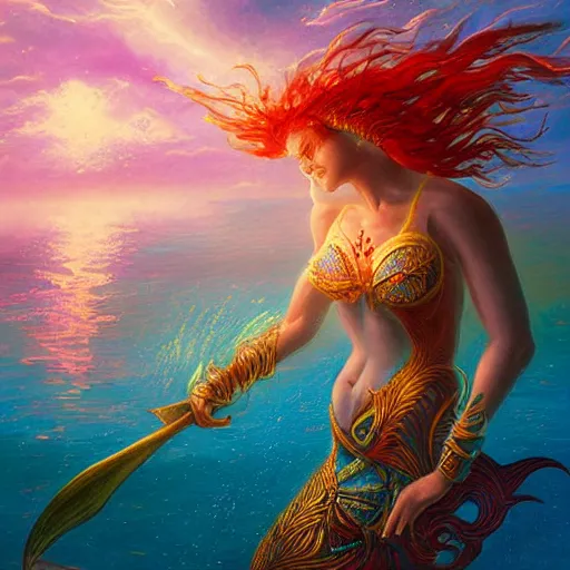 Prompt: warrior sea merfolk goddess full frame casting a spell, beautiful composition, wide angle, colorful, cinematic, volumetric lighting, intricate details painting
