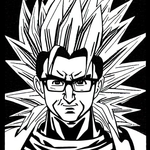 Image similar to John oliver in his super Saiyan god form, illustration in pen and ink, highly detailed, highly complex, award winning, black and white, art by Akira Toriyama