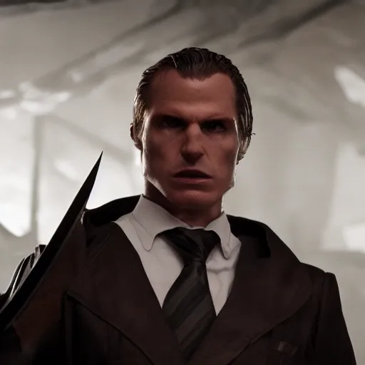 Image similar to Ulfric Stormcloak as The American Psycho, cinematic still, sweating hard