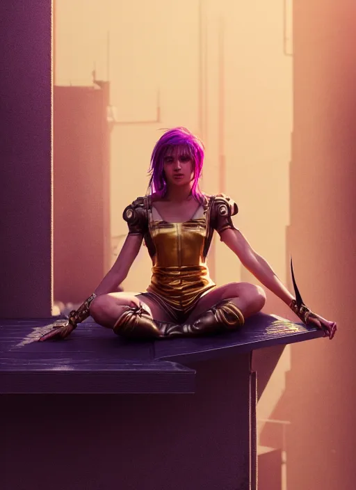 Image similar to young woman sits on the edge of the roof : : purple - gold streets cyberpunk : : weta disney pixar movie still photo : : decadent highly - detailed digital painting, heroic pose, full length shot, golden ratio, octane render, artstation, smooth, sharp focus, artgerm, mucha, loish, wlop, gogo