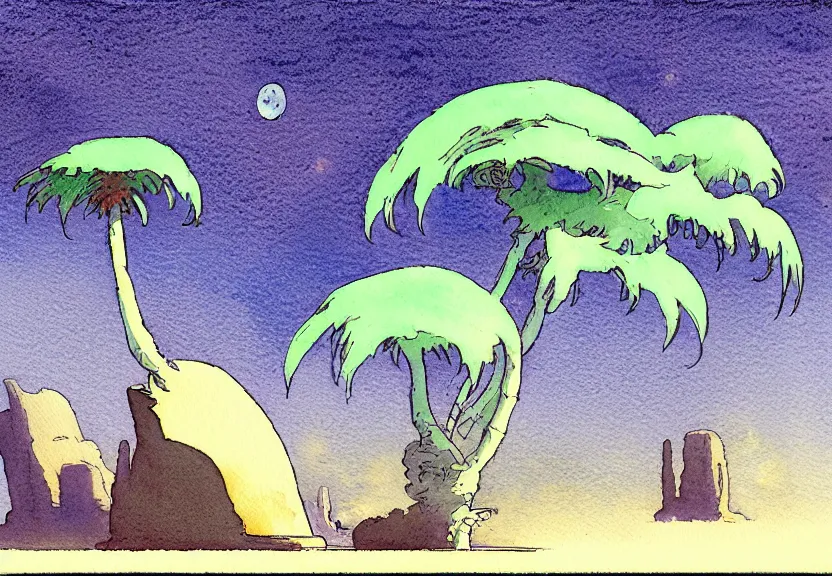 Image similar to a simple watercolor fantasy concept art of a dark grey boxy ufo next to a palm tree at night in monument valley. by studio ghibli, rebecca guay, michael kaluta, charles vess