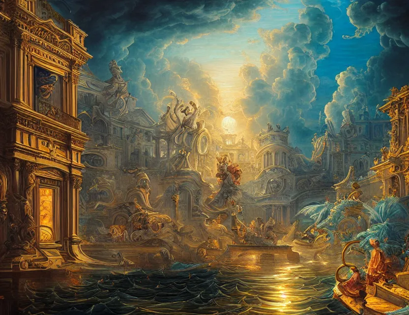 Prompt: ocean spirit lost in a metropolis. this rococo painting by the award - winning artist has dramatic lighting, an interesting color scheme and intricate details.