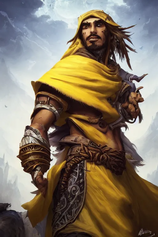 Image similar to portrait of young wild arabian nomad half werewolf, with yellow cloths, league of legends splash art, castlevania, hearthstone splash art, full body shot, rule of thirds, ultrafine hyperrealistic detailed face, artgerm, greg rutkowski, trending on artstation, 8 k, intricately detailed, highly detailed