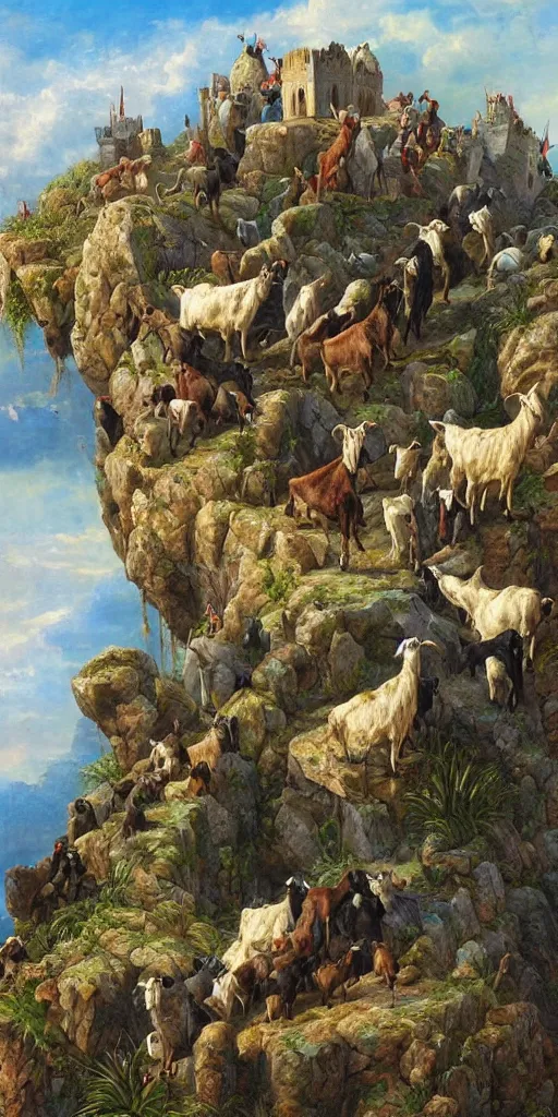 Image similar to a herd of goats climbing a citadel!, colorful, beautiful, highly detailed