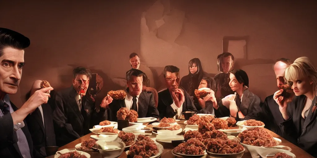 Prompt: Twin peaks but Dale Cooper is eating a pile of meatballs in the black lodge with laura palmer, Greg Rutkowski, Darek Zabrocki, Karlkka, Jayison Devadas, Phuoc Quan, trending on Artstation, 8K, ultra wide angle, pincushion lens effect.