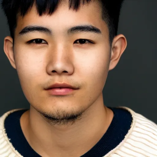 Image similar to a young asian man with a square face, very short thick curly black hair and swarthy skin with pimples. close up portrait