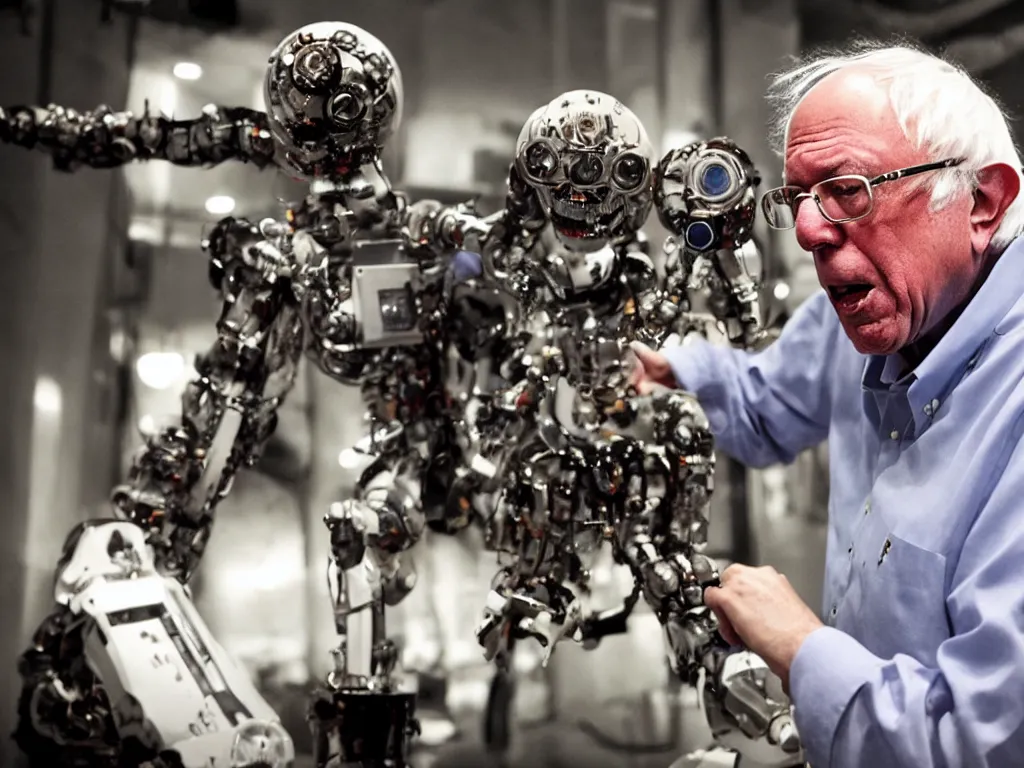 Image similar to bernie sanders putting the finishing touches on a ( ( cute ) ) clockwork doomsday robot, cinematic moody lighting, sharp focus, imax