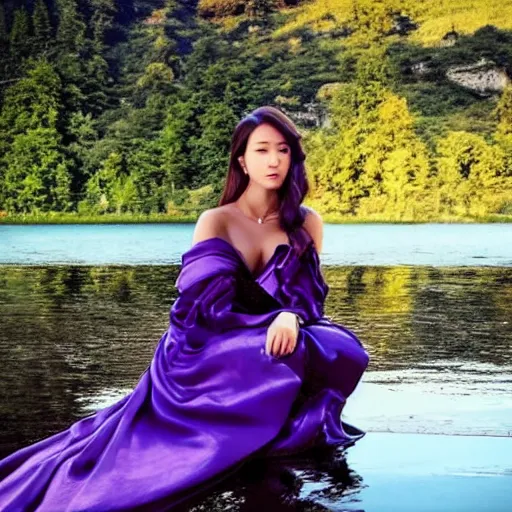 Image similar to elegant princess sitting by a lake, purple eyes, anime style, award winning art