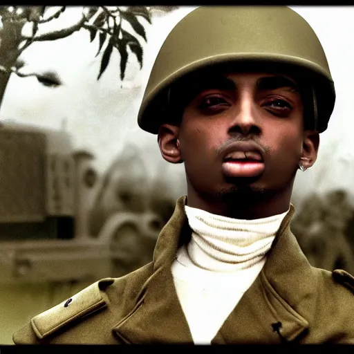 Image similar to playboi carti as a german world war ii soldier captured on a old camera 4 k detailed super realistic