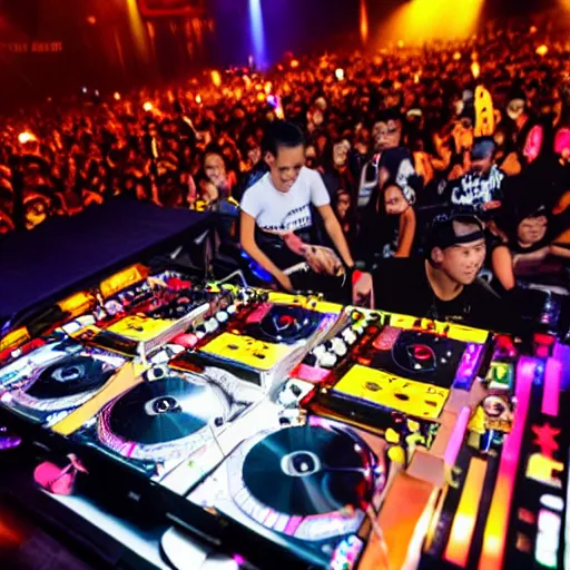 Prompt: DJ King Bhumibol spinning turntables during edm concert, photo, high quality