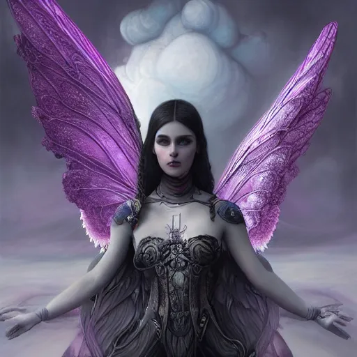 Image similar to tom bagshaw, soft painting fractal curiosities fairy carnival, single beautiful huge wings in full nightshade gothic armor, accurate features, focus, very intricate ultrafine details, black white purple volumetric clouds, award winning masterpiece, octane render 8 k hd