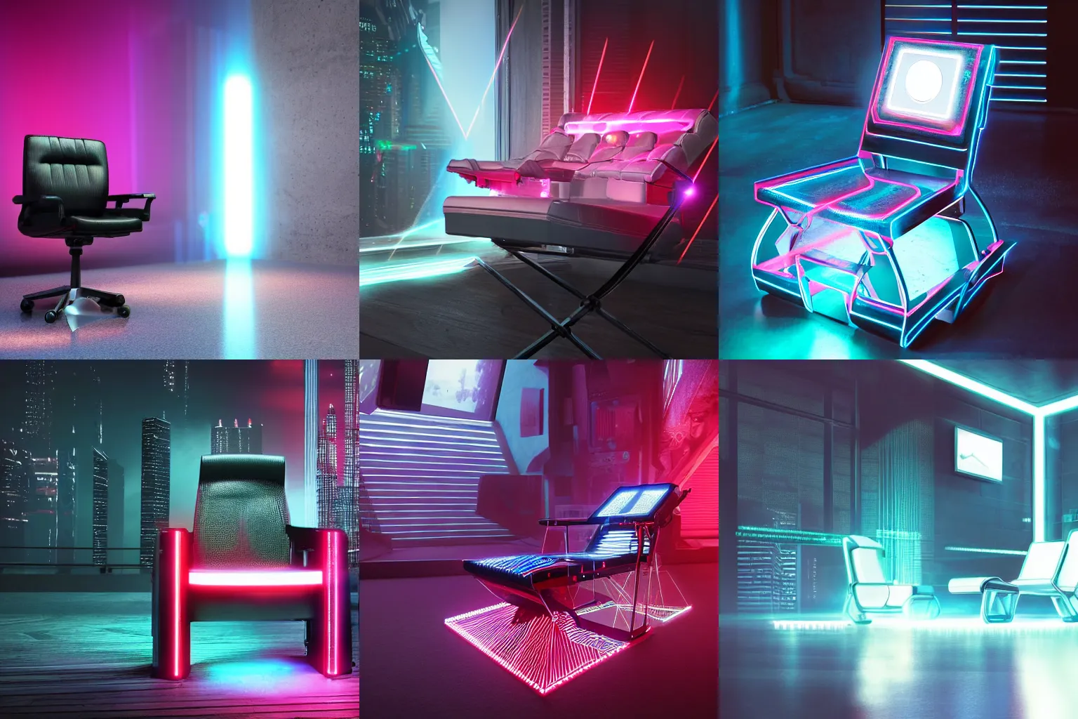 Prompt: cyberpunk chair with lasers, ultrarealistic, cinematic light, 5 0 mm camera