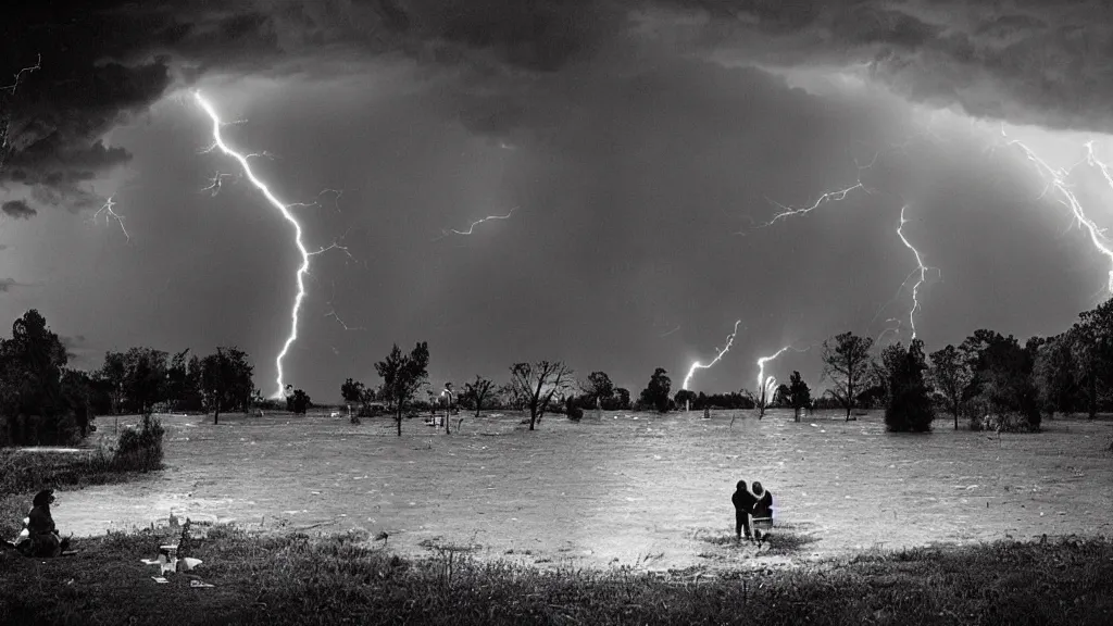 Prompt: climate change catastrophe, lightning, hurricane, hailstorm, gale-force winds, floods, as seen by a couple having picnic in a park, moody and dark large-format photography, wide angle