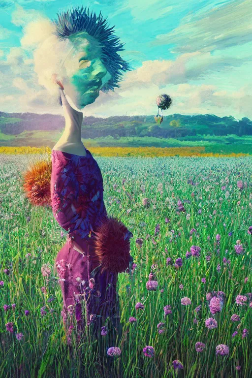 Prompt: portrait, huge thistle flower under head, girl in suit in field of flowers, surreal photography, sunrise, blue sky, dramatic light, impressionist painting, digital painting, artstation, simon stalenhag