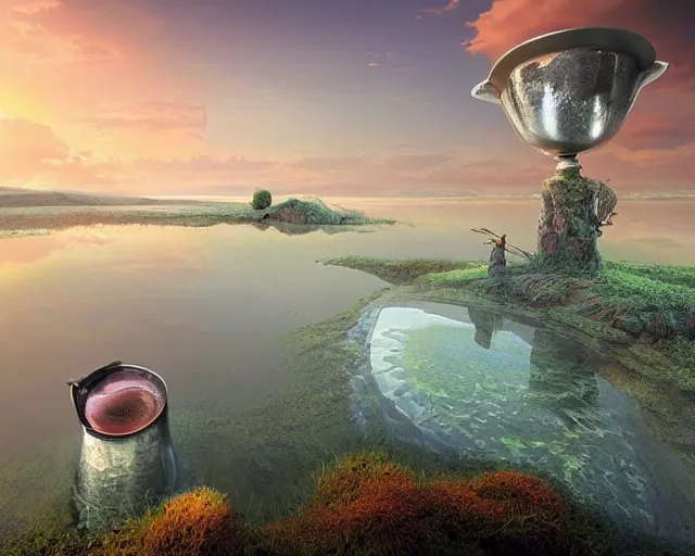 Image similar to a surreal landscape at sunset with a immense gigantic ornated iron chalice cup with a lake inside, water in excess dropping by gediminas pranckevicius