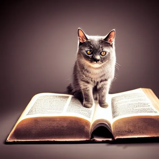 Prompt: award winning photograph of super adorable cat standing in front an open Bible, studio lighting, studio photography