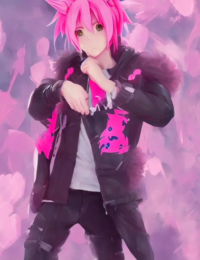 prompthunt: character concept art of a cute anime boy with pink hair and  pink wolf ears and freckles | | cute - fine - face, pretty face, key  visual, realistic shaded perfect