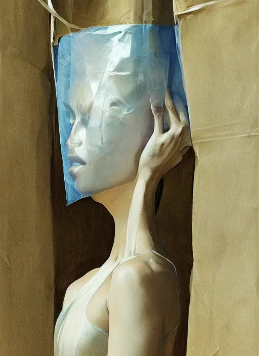 Prompt: woman in a translucent clothing made from plastic bag with paper bags for clothes standing inside paper bags with paper bag over the head at store display Edward Hopper and James Gilleard, Zdzislaw Beksinski, highly detailed