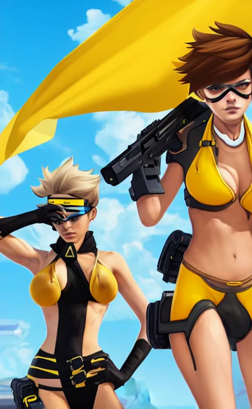 prompthunt: tracer game character, in yellow bikini, blonde hair