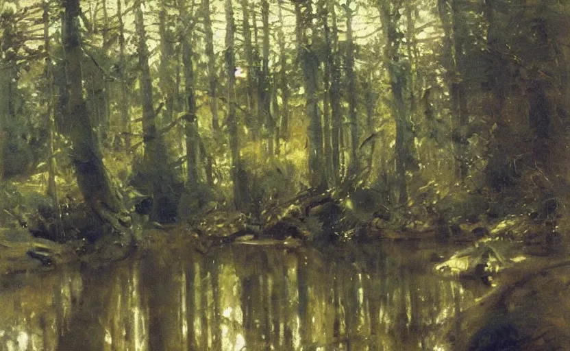 Prompt: oil painting by anders zorn, wild forest, very very very very beautiful art, dramatic light, strong shadows, reflections