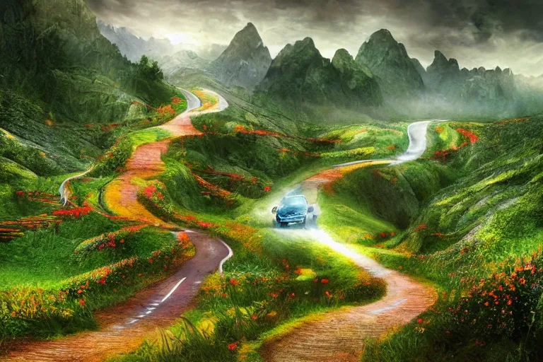 Prompt: road to the mountains in the elf forest, fantasy, beautiful landscape, many flowers after rain, Igor Morski