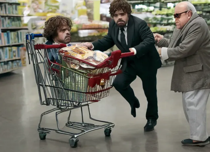 Image similar to peter dinklage in a shopping cart being pushed by danny devito, movie still, from the new jumangi movie, 8 k, realistic