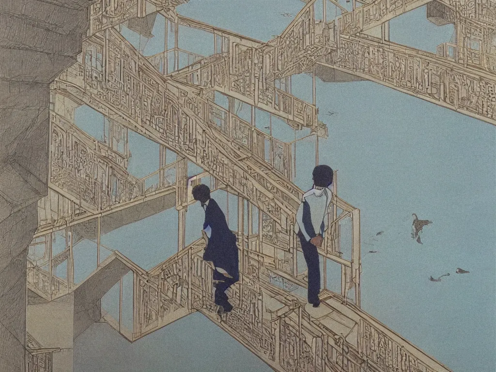 Image similar to lithograph printed in 1976. It depicts a man in a art gallery viewing a print of a seascape. The man's reflection is seen in the print, and the reflection shows the man walking down a staircase. The staircases in the print appear to be infinite, By M. C. Escher, colorized by Hayao Miyazaki