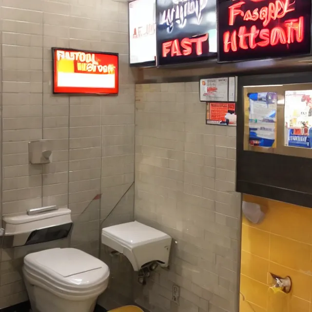 Prompt: unpleasant bathroom surprise at fast-food restaurant