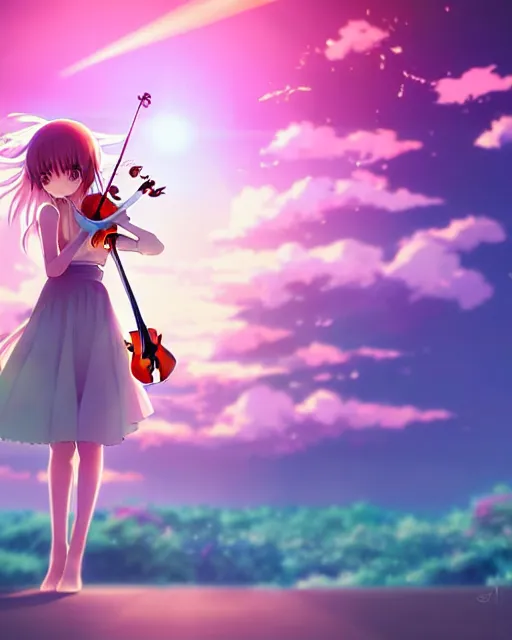 Image similar to anime style, creative, full body, a cute girl with white skin and long pink wavy hair holding a violin and playing a song, heavenly, stunning, realistic light and shadow effects, happy, centered, landscape shot, happy, simple background, studio ghibly makoto shinkai yuji yamaguchi