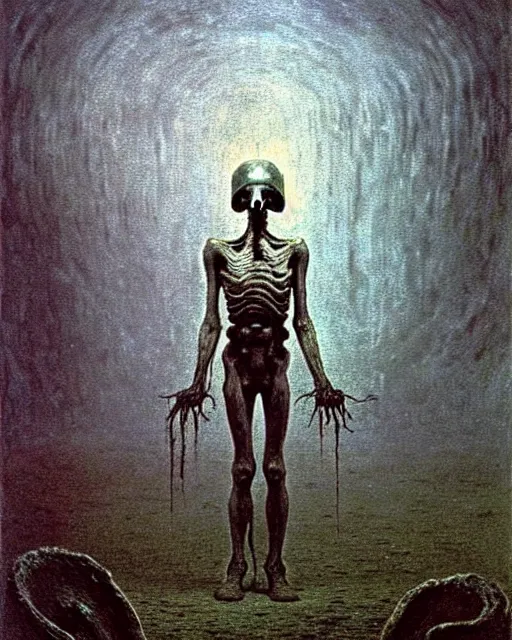 Prompt: full-body creepy realistic central composition, a decapitated soldier with futuristic elements. he welcomes you into the fog with no head, dark dimension, empty helmet inside is occult mystical symbolism headless full-length view. standing in ancient gate eldritch energies disturbing frightening eerie, artwork by Salvador Dali, Beksiński, Van Gogh and Monet.