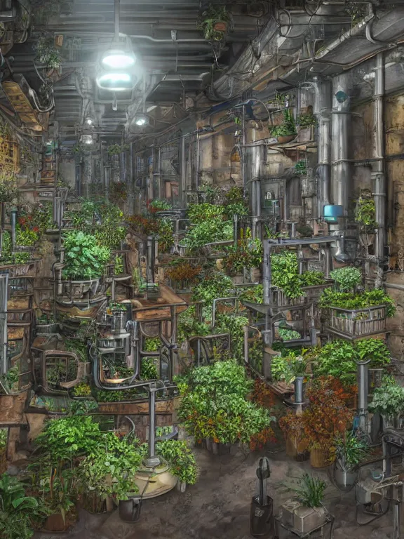 Image similar to A scenic view of A steampunk Plant Breeding Laboratory in undercity district depth ,by guido borelli ,vray Lumion