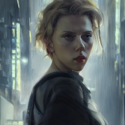 Image similar to scarlett johansson, hyperrealistic portrait, bladerunner street, art of elysium by jeremy mann and alphonse mucha, fantasy art, photo realistic, dynamic lighting, artstation, poster, volumetric lighting, very detailed face, 4 k, award winning