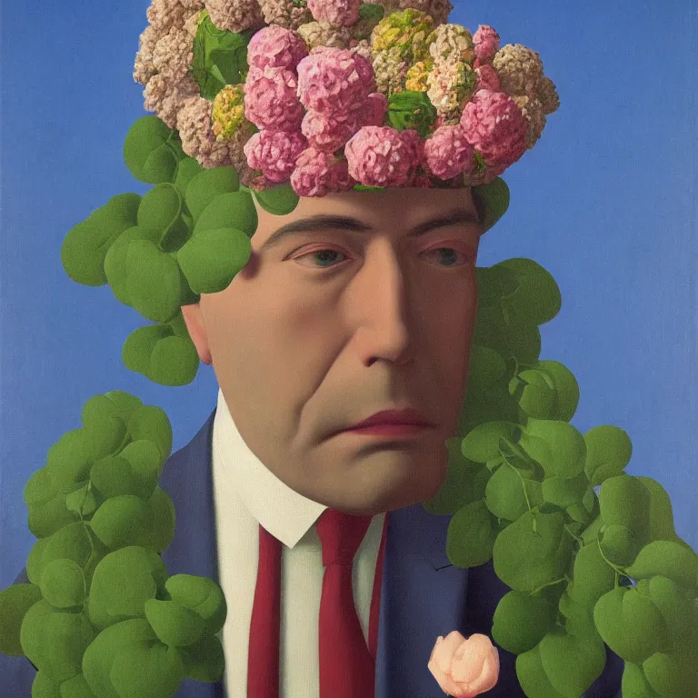 Image similar to portrait of man in a suit with flowers hiding his face by rene magritte, detailed painting, hd, hq, high resolution, high detail, 4 k, 8 k