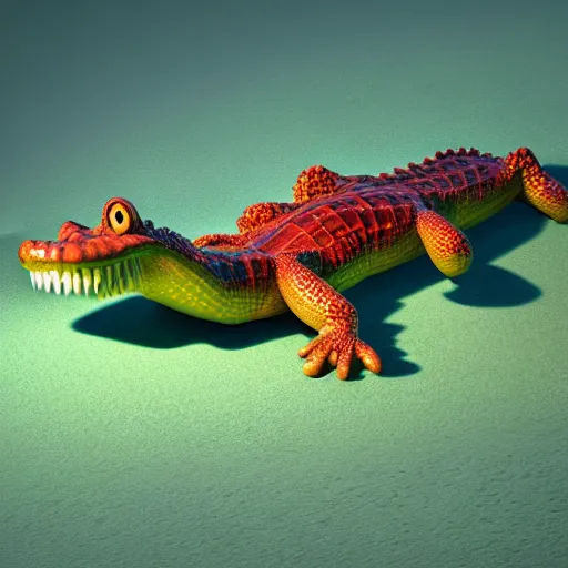 Prompt: jelly crocodile, 3 d model, unreal engine, highly detailed, on a riverbank, hyperealistic, octane render, concept art, artstation, dusk lighting, realistic shadows