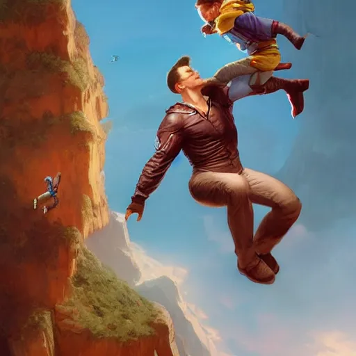 Prompt: a flying man catching a child that is falling from a cliff. photorealistic. realism. 4 k wideshot. cinematic. unreal engine. artgerm. marc simonetti. jc leyendecker