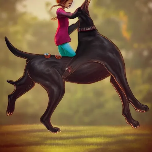 Image similar to girl riding a giant doberman in the park, trending on artstation