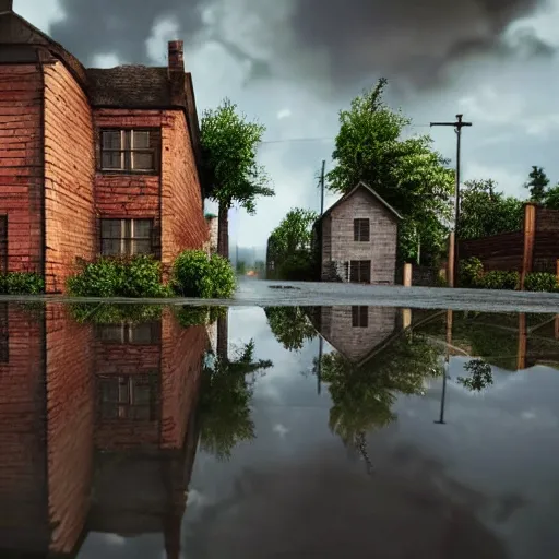 Image similar to still photo of rain puddles and reflections in a village, cloudy weather, highly detailed, photorealistic shot, bright studio setting, studio lighting, crisp quality and light reflections, unreal engine 5 quality render