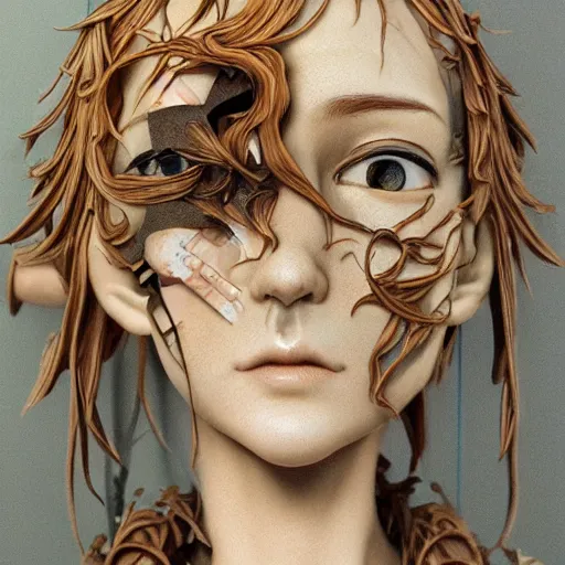 Image similar to prompt : hyperrealist photorealistic 3 d render of persona soft light portrait by takato yamamoto, mecha accessories parts and broken cables, gnarly details, otaku gangasta, inspired by fables, realistic face, smooth face feature, intricate oil painting, high detail, sharp high detail, manga and anime 2 0 0 0