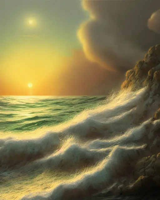 Prompt: sea with big waves crashing to shore and rocks, sunset, hyper realistic, artstation, illustration, nicoletta ceccoli, mark ryden, lostfish, dan decarlo, bob clampett, max fleischer, digital paint, matte paint, vivid colors, detailed and intricate environment