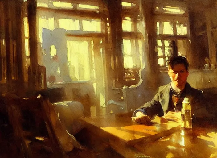 Image similar to oil watercolor painting of young guy in western bar, mysterious light, art by anders zorn, wonderful masterpiece by greg rutkowski, beautiful cinematic light, american romanticism by greg manchess, creation by tyler edlin