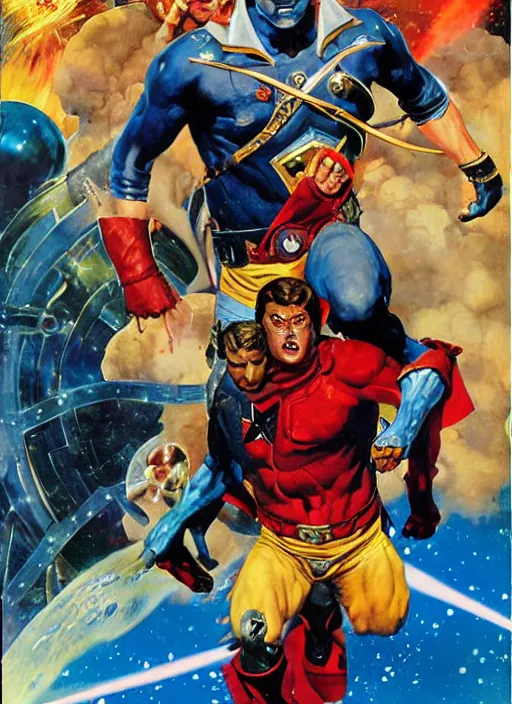 Image similar to full body and head portrait of javier badren as galactacus, dynamic action, painted by norman rockwell and phil hale and greg staples and tom lovell and frank schoonover and jack kirby